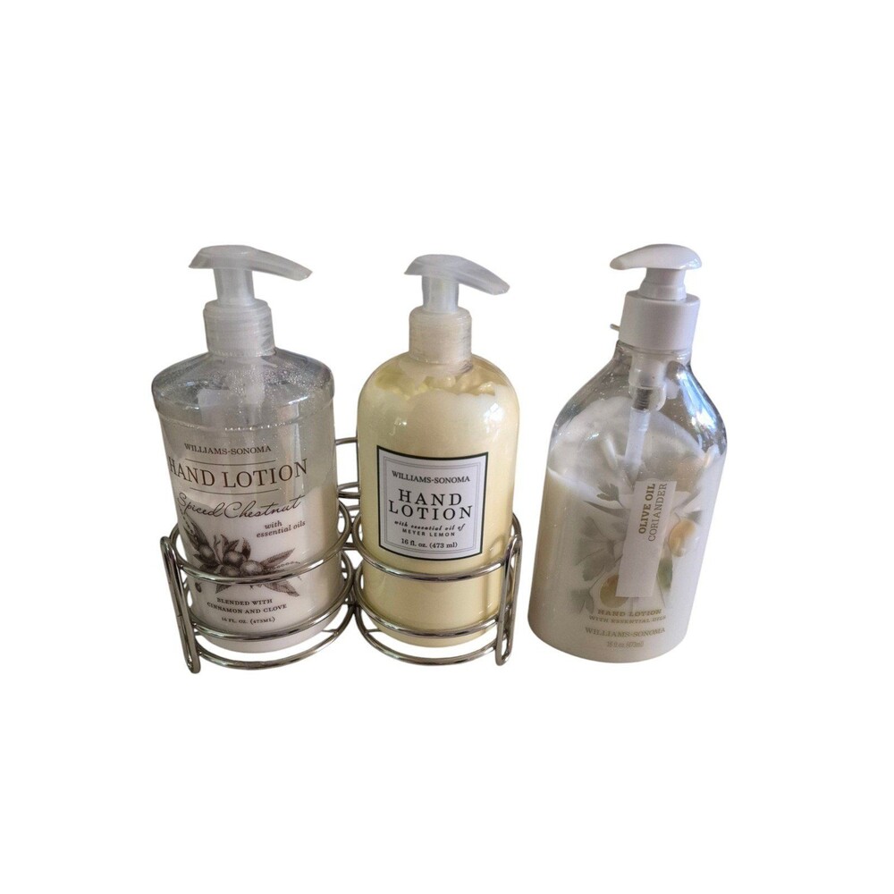 Williams Sonoma 4pc Lotion Set Meyer Lemon, Coriander, Spiced Chestnut + Caddy